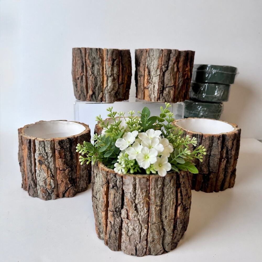 Set of 6 Rustic Natural Wood Bark Planter Pots with Floral Foam Blocks Craft